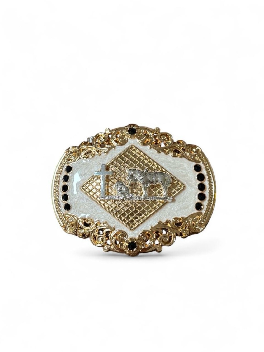 Gold and White Western Belt Buckle with Cross Accent